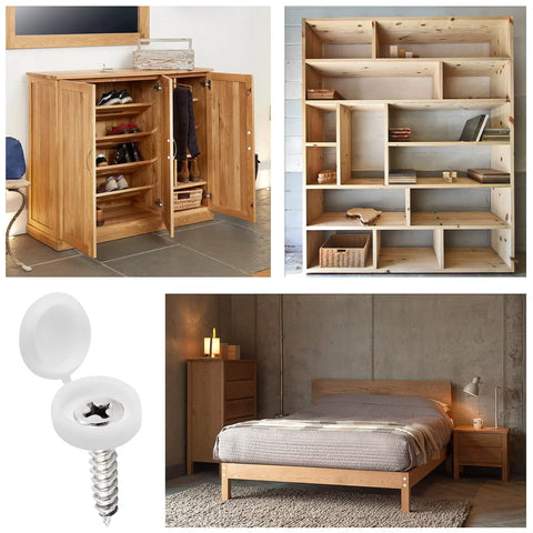 Furniture and decor settings with close-up of 50 Pack White Plastic Hinged Screw Cover Caps For 4mm Hole Screws in a home.