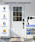 Eight In One Fingerprint Smart Door Lock With Integrated Touchscreen Keypad And Heavy Duty Zinc Alloy Handle Designed For Seamless Keyless Entry Hella Secure Matte Black Edition on white door with weatherproof features.