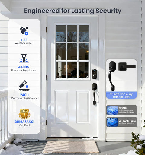 Eight In One Fingerprint Smart Door Lock With Integrated Touchscreen Keypad And Heavy Duty Zinc Alloy Handle Designed For Seamless Keyless Entry Hella Secure Matte Black Edition on white door with weatherproof features.