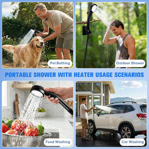 Usage scenarios of Portable Camping Shower With Heater 2000W include pet bathing, outdoor shower, food and car washing