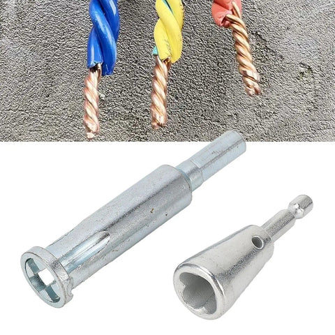 Pro Grade 40Cr Steel Wire Stripper And Terminal Twist Fixture Compatible With Power Drills close-up of drill bit attachments on concrete.