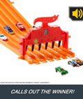 Six Car Super 6 Lane Raceway With 8 Foot Roll Up Track, Realistic Lights And Sounds, Includes Six 1 64 Scale Vehicles, finish line