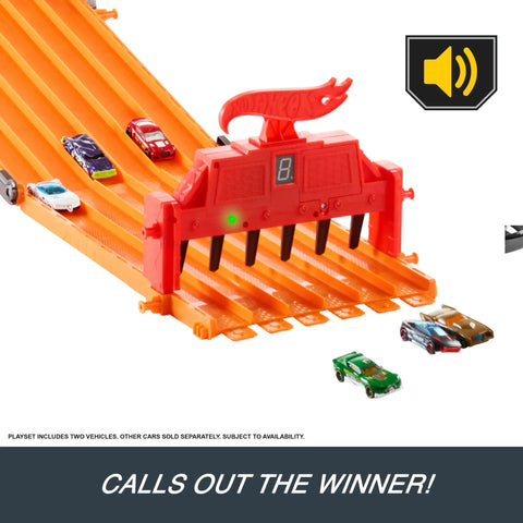 Six Car Super 6 Lane Raceway With 8 Foot Roll Up Track, Realistic Lights And Sounds, Includes Six 1 64 Scale Vehicles, finish line