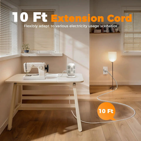 Ultra Slim 10 Foot Power Strip Tower With Eight Widely Spaced Outlets And Four Usb Ports To Juice Up Every Device Without Any Adapter Blocker Smooth Operator Setup For Home Office Or Dorm Room on a desk with a sewing machine.