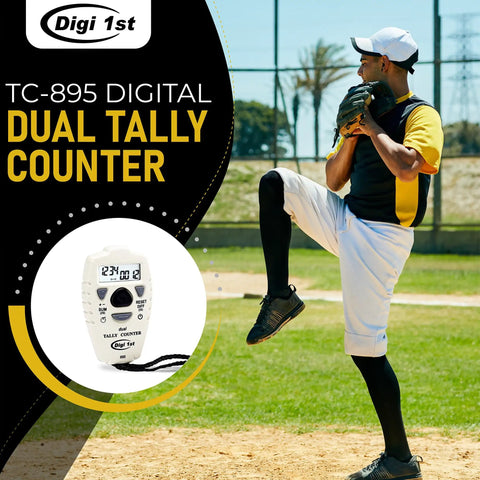 Slick Dual Display Electronic Tally Counter With Quick Add Subtract Thumb Clicker Design Killer For Golf Pitches Lap Timing And Weekend Sports Rallies shown with a pitcher in action at a baseball field.