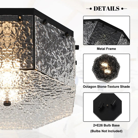 Close-up of ceiling light with metal frame and octagon stone-texture shade, bulb base labeled "2×E26."