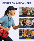 Side view of uniformed woman carrying MFASCO red reflective first-aid trauma bag with 415-piece kit