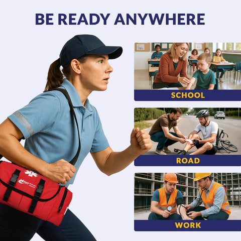 Side view of uniformed woman carrying MFASCO red reflective first-aid trauma bag with 415-piece kit