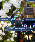 Close-up and night view of 4 Pack Solar Garden Lights with Upgraded Panel Dope Battery Life and 18 Hour Run Time for outdoor use.