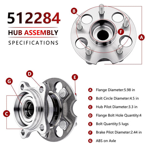 Pair AWD Rear Wheel Hub Bearing Assembly Fits Toyota Highlander 2004-2013, Venza 2009-2016, Lexus RX330 2004-2006, RX350 2007-2009, RX400H 2006-2008 Replacement, diagram showing specifications.