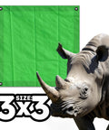 Beefed Up 3x3 Ft Green Heavy Duty Tarp Waterproof UV Resistant PFAS Free shown with rhino background