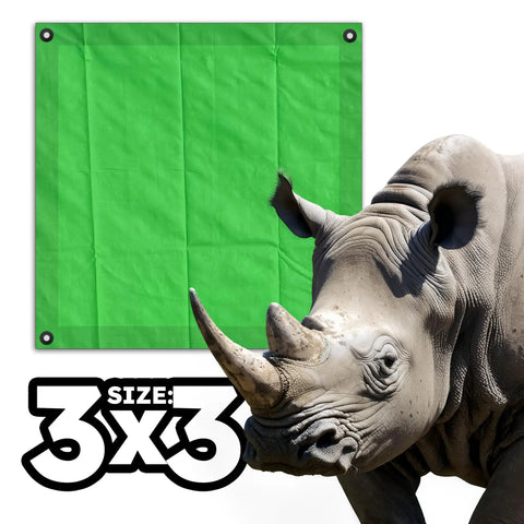 Beefed Up 3x3 Ft Green Heavy Duty Tarp Waterproof UV Resistant PFAS Free shown with rhino background