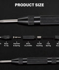 Heavy Duty Automatic Center Punch Featuring Adjustable Spring Tension And Anti Slip Knurled Grip For Dead Straight Marks every single time showing product size and components.