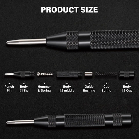 Heavy Duty Automatic Center Punch Featuring Adjustable Spring Tension And Anti Slip Knurled Grip For Dead Straight Marks every single time showing product size and components.