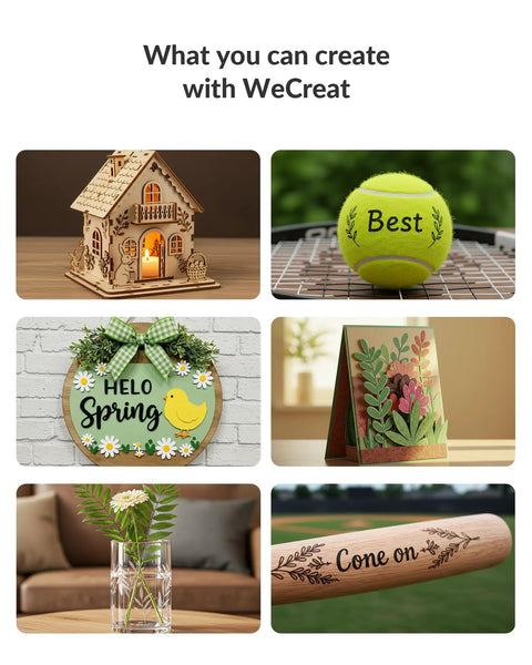 Examples of DIY crafts using 20W Desktop Laser Engraver With Auto Lift, including a model house, tennis ball, and engraved bat.