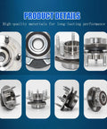 2 Pack Front And Rear Wheel Bearing Hub Assembly With ABS 5 Lug Fit For Chevy Impala Malibu Equinox GMC Terrain Buick LaCrosse Regal Cadillac XTS CTS Saab 9 5, showing hub details and installation views.
