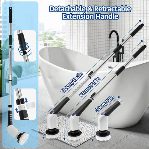 Cleaning brush with detachable and retractable handle shown at different lengths near bathtub.
