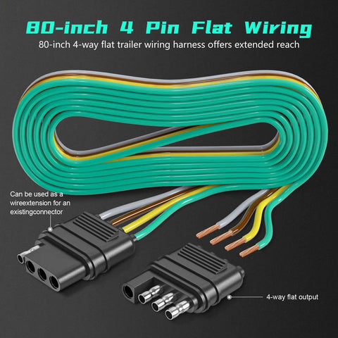 80 inch Heavy Duty 4 Pin Trailer Connector Harness Extension with flat wiring for utility and cargo use.