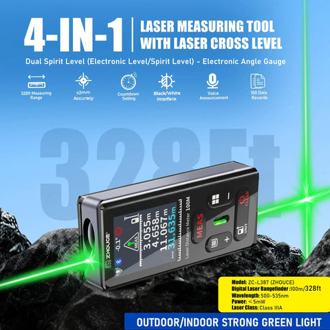 2 In 1 Green Laser Distance Measurer With Cross Line Level For Quick Indoor Outdoor Measuring, 328 Feet Range, on rocky surface
