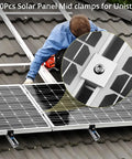 Mid Clamps For Solar Panels Unistrut 30mm 35mm Silver 20 Pack installed on roof with close-up of mounting detail