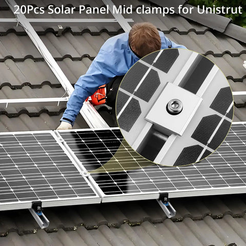 Mid Clamps For Solar Panels Unistrut 30mm 35mm Silver 20 Pack installed on roof with close-up of mounting detail