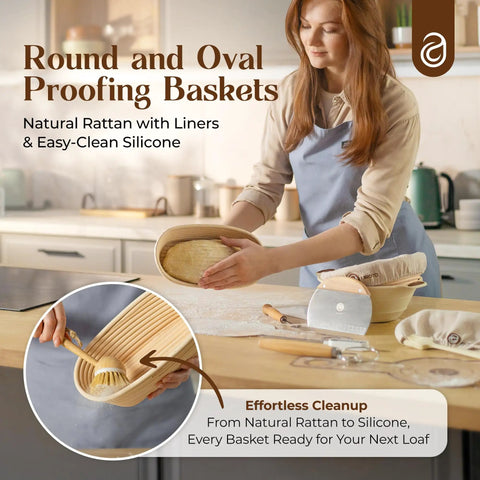 Woman using Starter Kit With Dutch Oven And Scale For Bread, Complete Set With Proofing Baskets, 34oz Jar, Slings, Tools