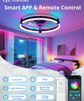 20 Inch Low Profile Ceiling Fan With Lights And Remote, Flush Mount Fandelier, RGB Mood Lighting in a modern bedroom
