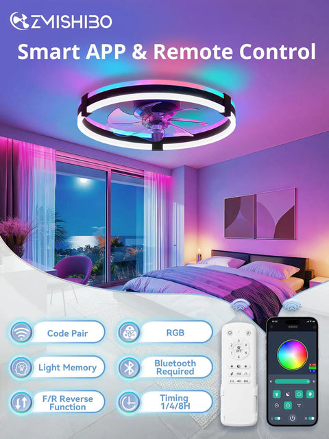 20 Inch Low Profile Ceiling Fan With Lights And Remote, Flush Mount Fandelier, RGB Mood Lighting in a modern bedroom