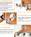 30 Pack One Half Inch Overlay Face Frame Soft Close Kitchen Cabinet Hinges With Easy Install, showing installation steps and hinge adjustments