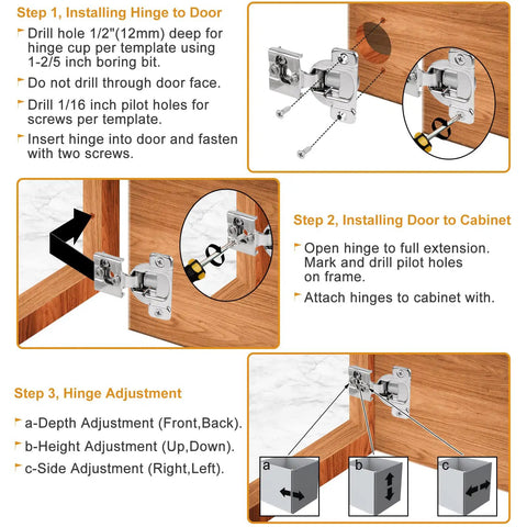 30 Pack One Half Inch Overlay Face Frame Soft Close Kitchen Cabinet Hinges With Easy Install, showing installation steps and hinge adjustments
