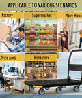 Heavy Duty Foldable Platform Cart With Six Wheels And 2000 Pound Capacity 360 Degree Swivel And Fixed Casters Collapsible Push Cart Dolly Black Plastic Trolley With Five Inch Wheels Spare Tire And Anti Collision Corners in various settings like factory and supermarket