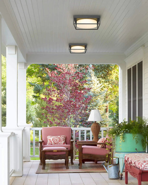 Porch with Black Square Flush Mount Ceiling Light With Frosted Glass Shade 12 Inch Slick Modern LED Fixture 24W 950LM Dimmable 3000K