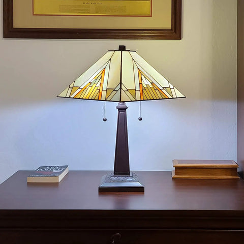 Stained Glass Mission Table Lamp In Tan Brown Finish, Totally Timeless Vintage Vibe, 23 Inch Tall Nightstand Light on table