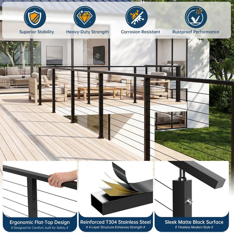 Heavy Duty Matte Black Stainless Steel Cable Railing Handrail Kit With Pom Connectors 12 Foot Guardrail System for Decks and Stairs showcasing ergonomic design.