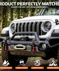 Front view of a Jeep with Tigertooth Three Quarter Inch D Ring Shackles With Seven Eighths Inch Pin For Tow Straps in bright red.