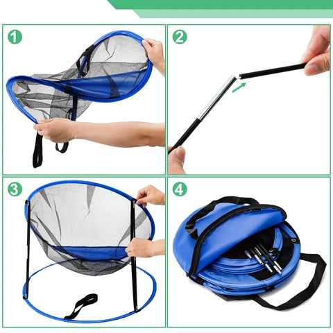 Set Of 3 Golf Chipping Nets With 12 Inch, 18 Inch, And 24 Inch Pop Up Targets For Indoor Outdoor Practice In The Backyard, Easy Setup And Storage, Portable Training Gear, Perfect Gift For Men Fathers Husbands Golfers, showing assembly process with blue pop-up net and portable carry bag.