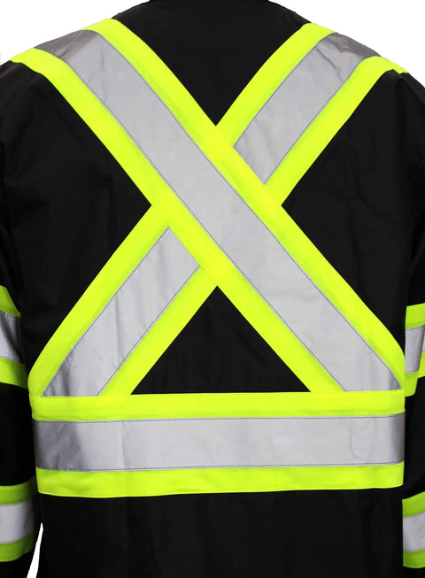 Back view of TBK66 Class 3 Rain Suit Jacket And Pants With Hi Vis Reflective X Pattern, 100 Percent Polyester, Black Bottom
