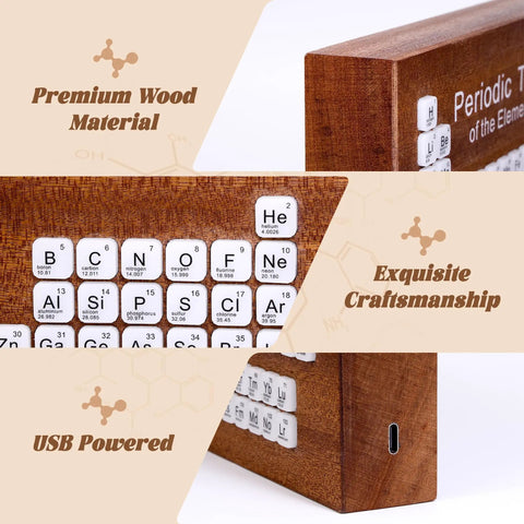 Solid Wood Periodic Table Desk Lamp With Warm Led Glow Usb Powered Science Study Gear A Hella Bright Setup For Chemistry Classrooms Dorms And Teacher Gifts Right Now, showing premium wood material and USB power port.