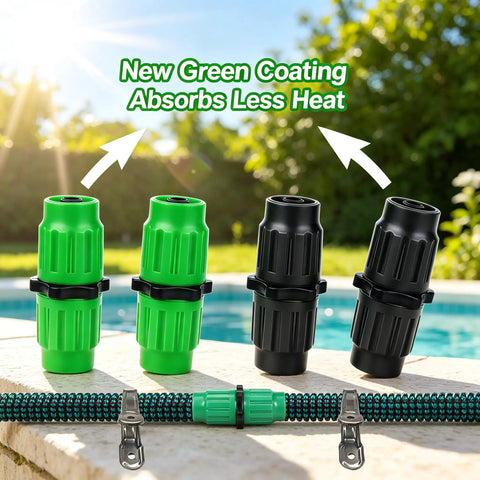 Fix Your Expandable Garden Hose Fast With This 8 Piece Repair Kit Featuring Dual Channel Female And Male Connectors Plus Metal Clamps For Secure 3/4 Or 5/8 Inch Fit No Tools Needed For Quick Leaks Fixes Today. green hose repair connectors and clamps on outdoor hose