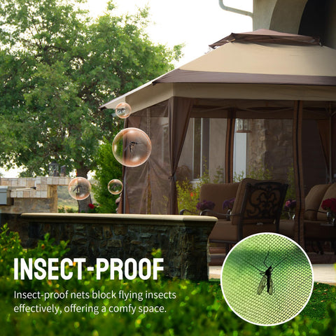 Insect-proof Easy Setup 13x13 Pop Up Gazebo with Wheeled STO-N-Go Bag in beige and coffee, backyard patio scene with comfort features.