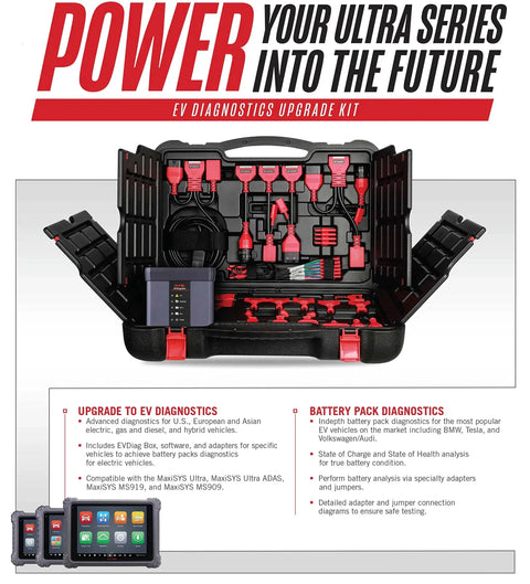Straight Up Pro Shop EV Diagnostic Cable Transforms Your Tablet To A Heavy Duty Electric Vehicle Scanner Tool Featuring Live Topology Maps And Nuts And Bolts Battery Analysis For Serious Garage Grinds in a diagnostic kit with tools and cables.
