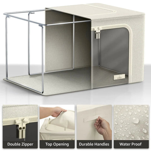 Beige Stackable Storage Bins With Metal Frame For Closet Organization, Foldable Clothes Containers With Clear Windows, Zippered Flap