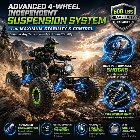 Rugged red off-road go kart with LED headlights conquering rocky terrain, featuring 4-wheel suspension, ideal for stability and control.
