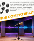 Image showing six-pack 15mm clip-on ferrite ring cores for RFI EMI noise suppression, overlay text 'Wide Compatibility', microphone setup