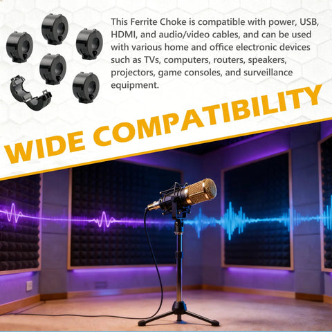 Image showing six-pack 15mm clip-on ferrite ring cores for RFI EMI noise suppression, overlay text 'Wide Compatibility', microphone setup