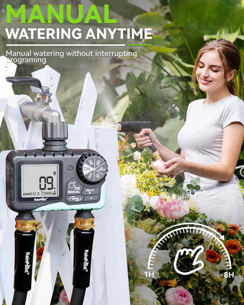 Two Zone Garden Hose Water Timer With Rain Delay And Manual Watering, Automatic Irrigation For Yard Or Lawn Sprinklers, IP65 Waterproof