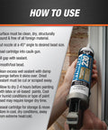 Instructions for using Dynaflex 230 Pro Elastomeric Sealant White 10.1 Oz for windows doors siding and trim shown on packaging