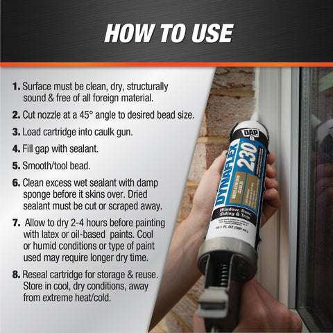 Instructions for using Dynaflex 230 Pro Elastomeric Sealant White 10.1 Oz for windows doors siding and trim shown on packaging
