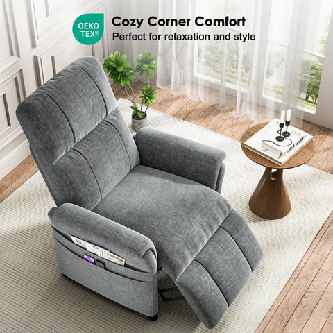 Power Recliner Chair For Adults With Remote Stepless 105 To 165 Degree Recline Chenille Upholstery in living room