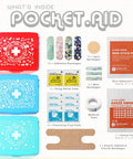 EVERLIT Pocket-Aid Mini First Aid Kit in red, blue, and teal hard-shell tins; contains bandages, pads, gauze, and tape.